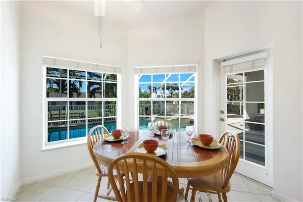 a view of a dining room with furniture window and outside view