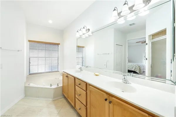 a bathroom with a tub a sink double vanity and a mirror