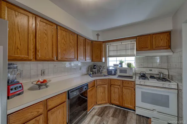 a kitchen with a sink cabinets stainless steel appliances and a window
