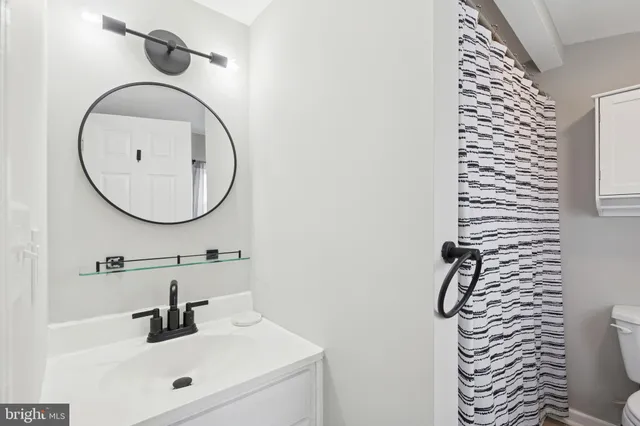 a bathroom with a sink a toilet and a mirror