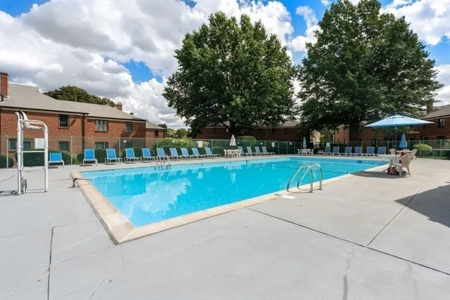 a view of a swimming pool with a bench and trees in the background