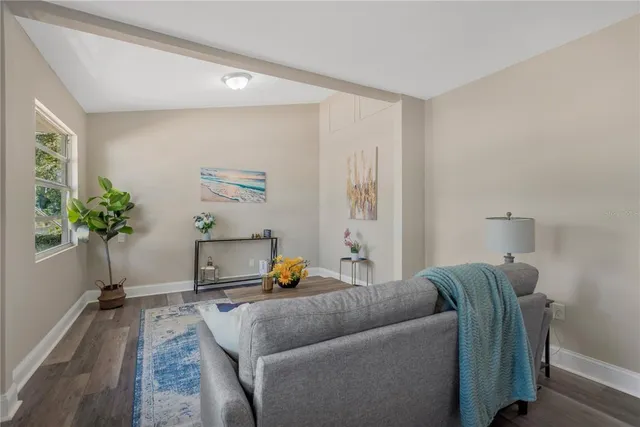 a living room with a couch and a potted plant