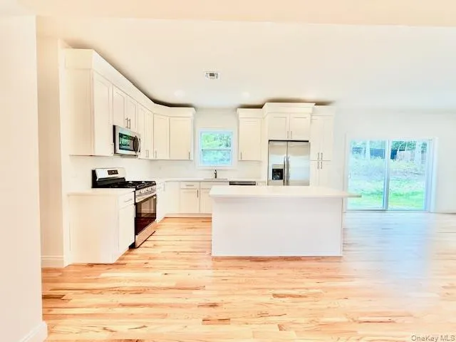 a living room with stainless steel appliances kitchen island granite countertop a stove a sink and white cabinets