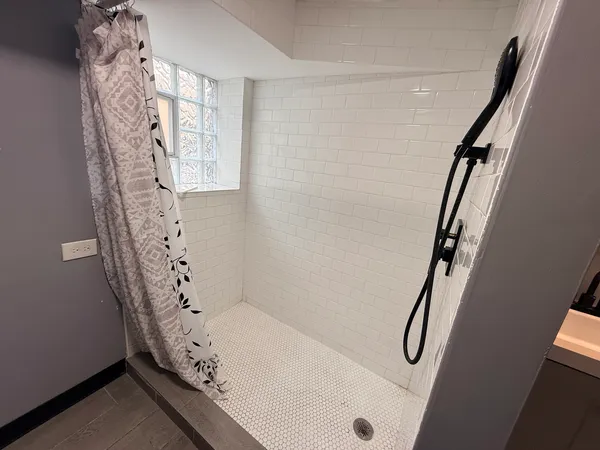 a bathroom with a bathtub