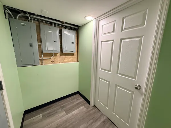 a view of a bathroom with a glass door