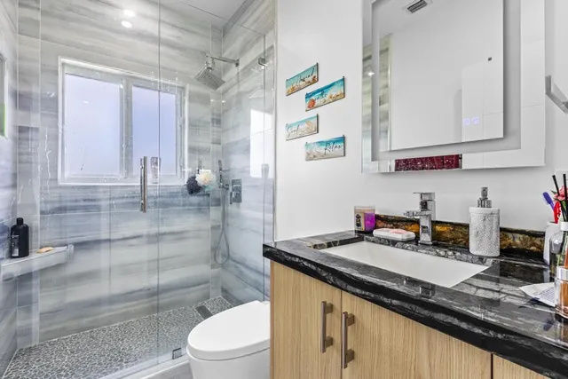 a bathroom with a granite countertop sink a toilet a mirror and shower