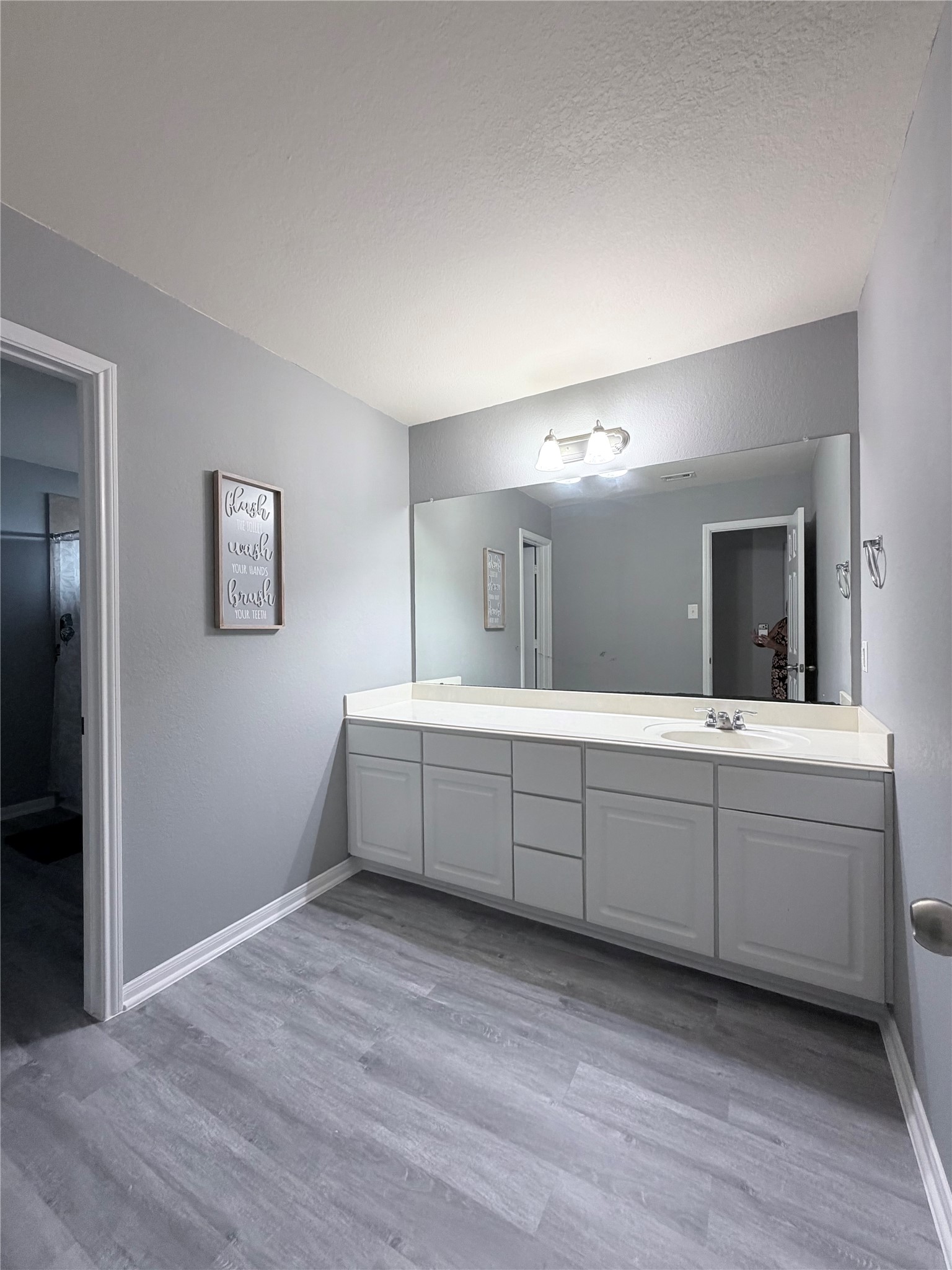 3226 Dappled Vale Trail Spring, TX 77373 - Photo 10 of 26 This modern bathroom features a sleek design with a large mirror, ample countertop space, and white cabinetry. The light gray walls and flooring create a bright, clean atmosphere.