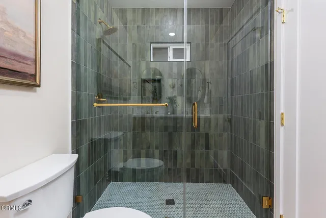 a bathroom with a shower and a toilet