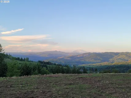 a view of a field with mountains in the background