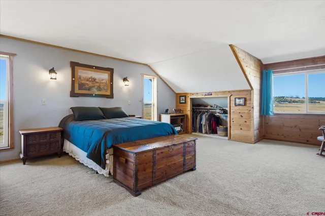 a spacious bedroom with a bed and a walk in closet