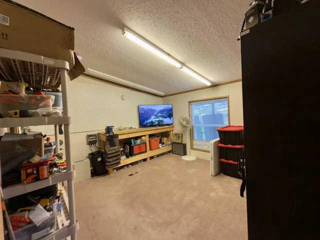a living room with furniture a bookshelf and a window