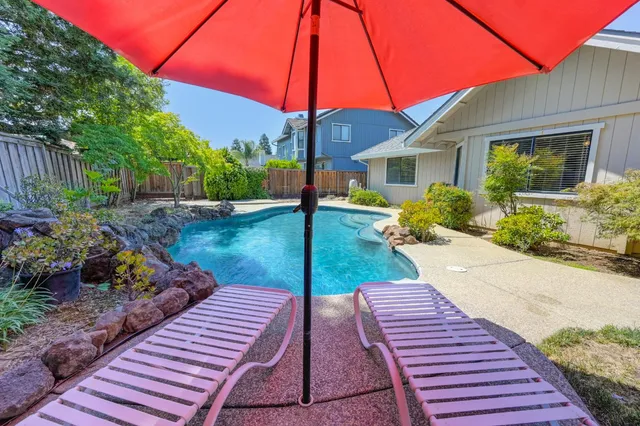a view of a backyard with plants and wooden fence