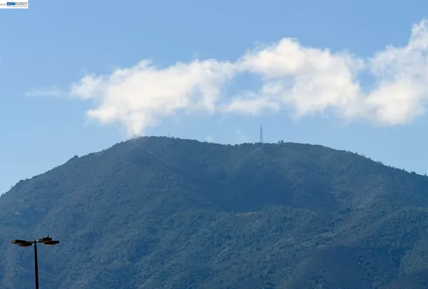 a view of a dry yard with mountains in the background