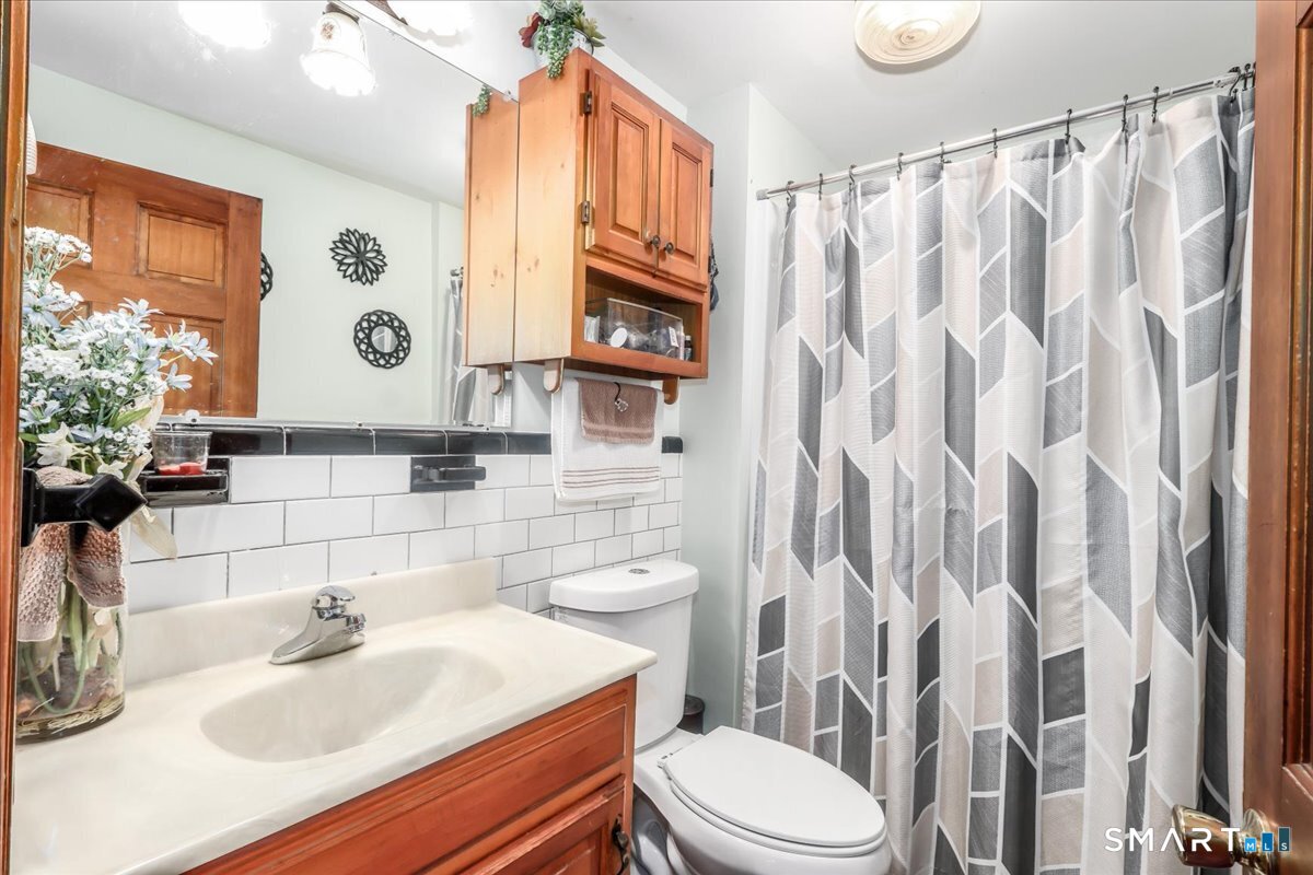 306 Welton Street Hamden, CT 06517 - Photo 20 of 38 a bathroom with a sink a toilet and shower curtain