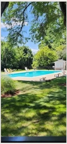 a view of a grassy field with an trees