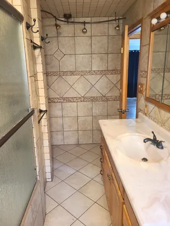 a bathroom with a sink and a shower