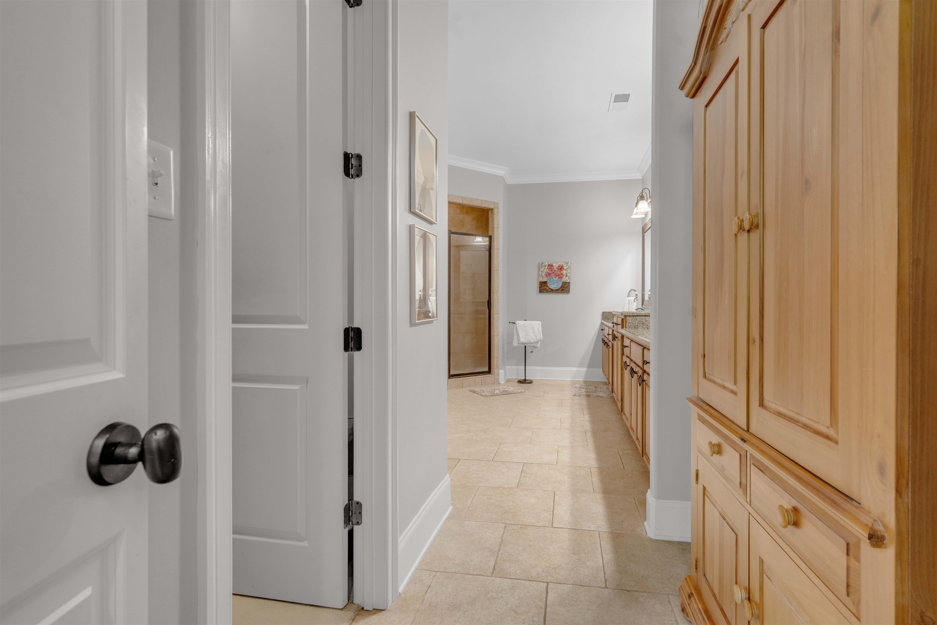 1218 Braystone Trail Collierville, TN 38017 - Photo 12 of 40 Full bathroom with vanity, ornamental molding, a shower stall, and light tile patterned floors