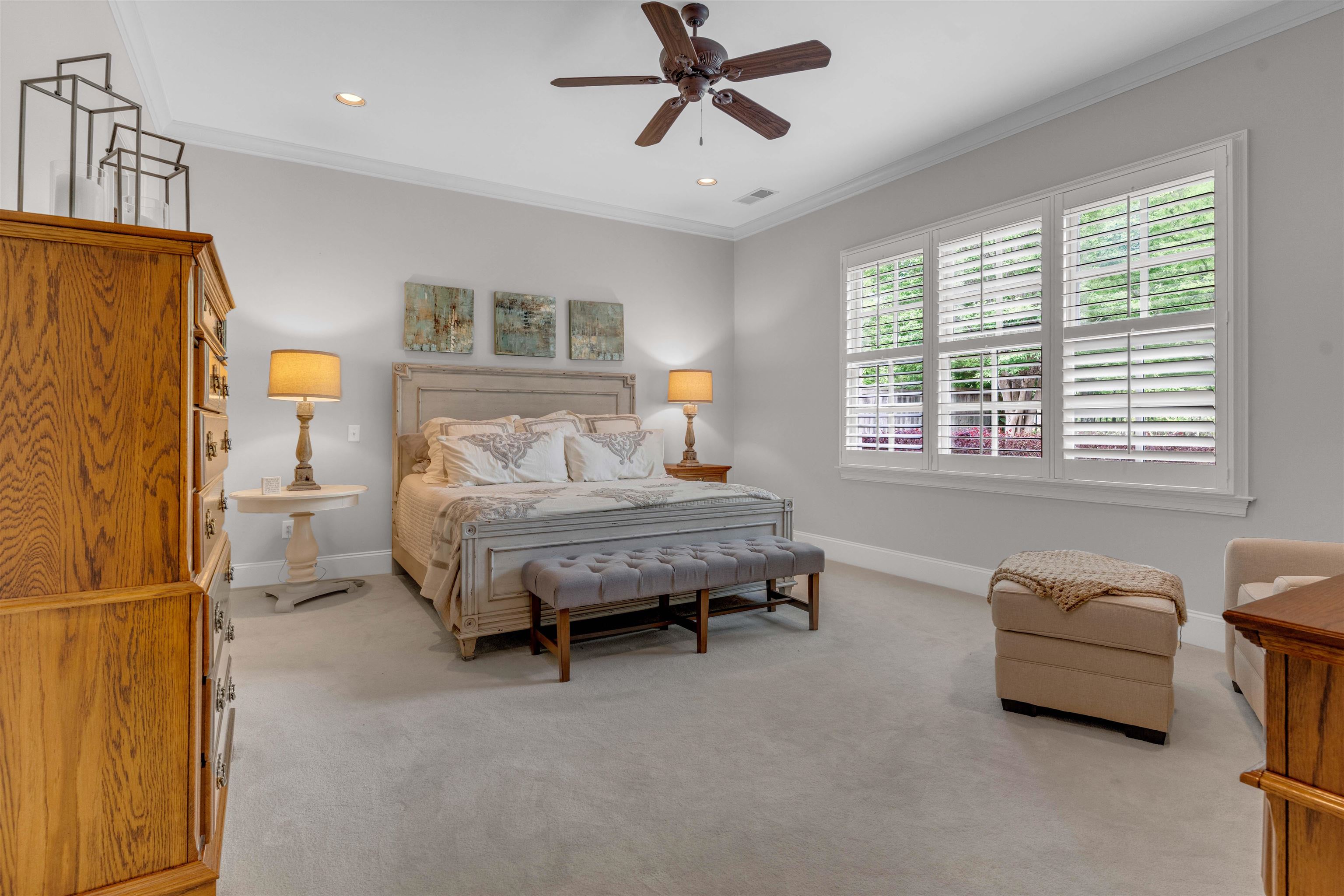 1218 Braystone Trail Collierville, TN 38017 - Photo 10 of 40 Bedroom featuring crown molding, ceiling fan, light carpet, and recessed lighting