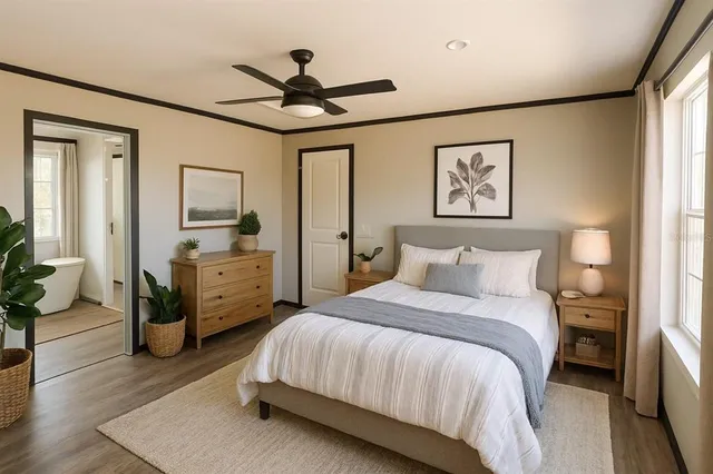 a spacious bedroom with a bed a dresser and a chandelier