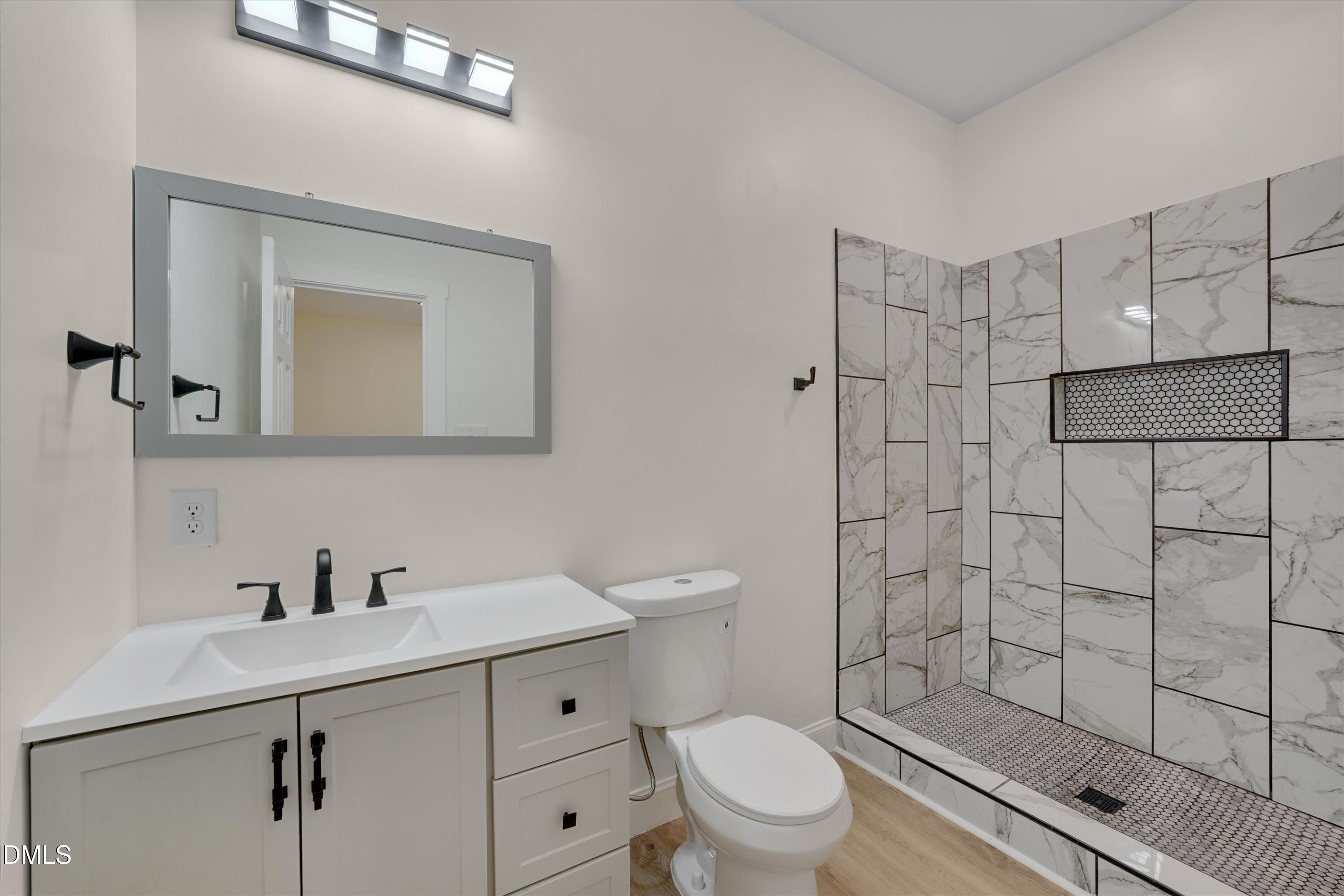 111 Virginia Avenue Roxboro, NC 27573 - Photo 29 of 42 a bathroom with a toilet a sink a mirror and shower