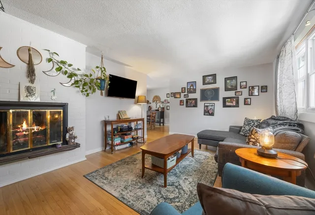 a living room with furniture a flat screen tv and a fireplace