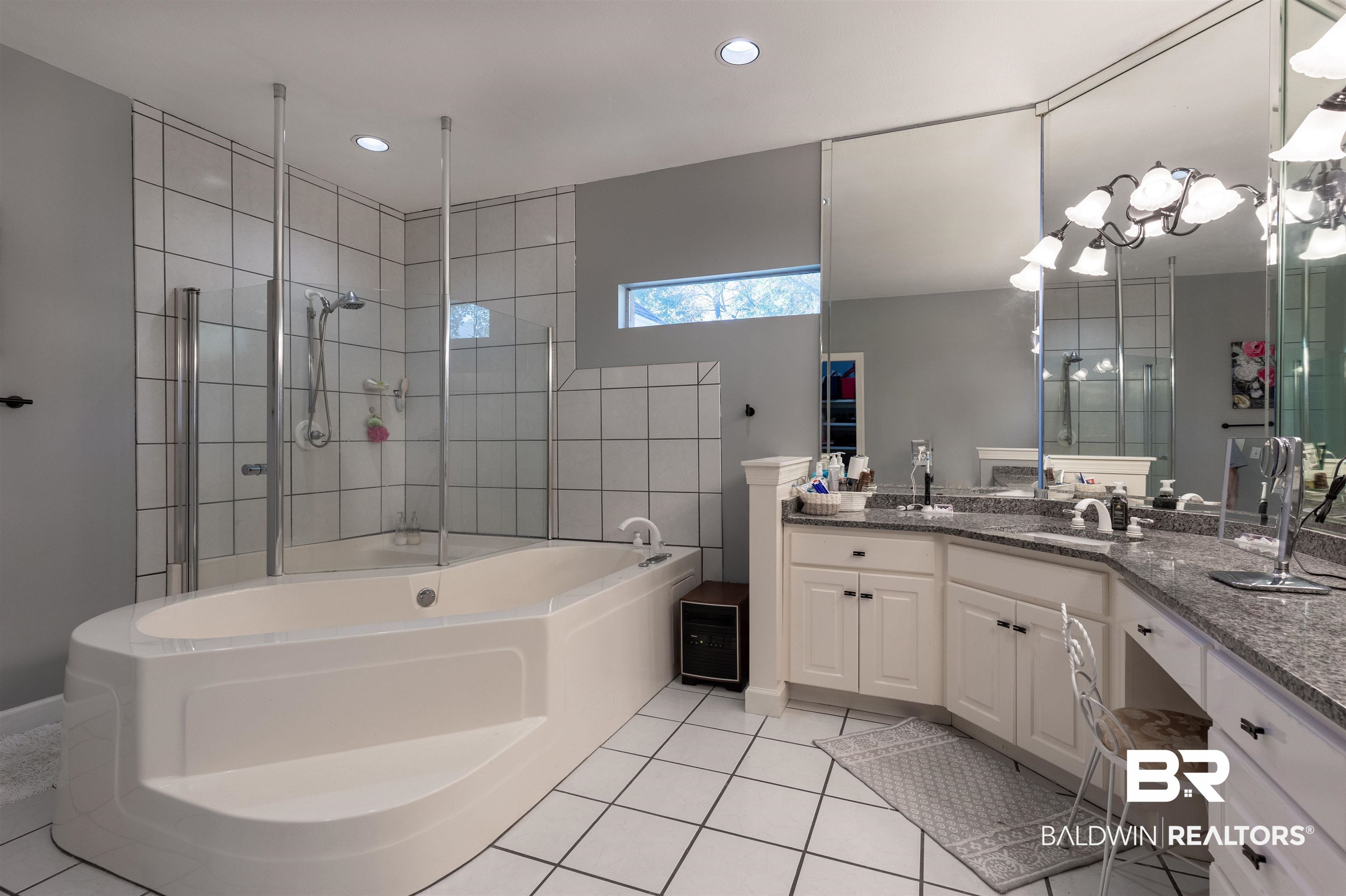 6436 Cherry Ridge Court West Mobile, AL 36695 - Photo 22 of 26 Full bathroom featuring vanity, a tile shower, recessed lighting, tile patterned floors, and a bath