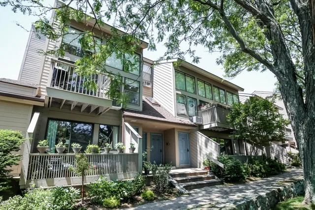 a view of a white house with large windows and a tree