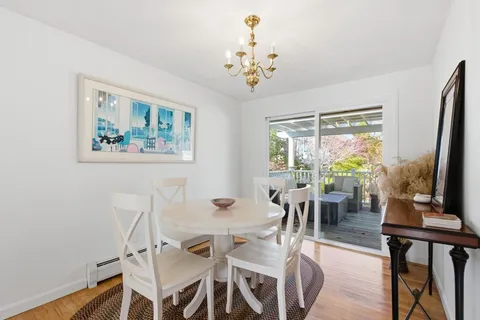 a view of a dining room with furniture window and outside view