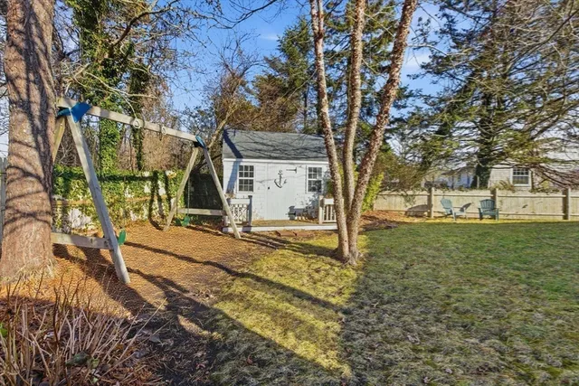 a view of a yard with a large tree