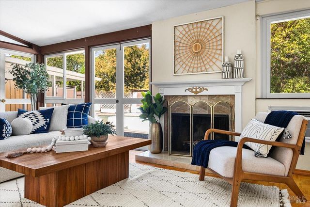 a living room with furniture a fireplace and potted plants