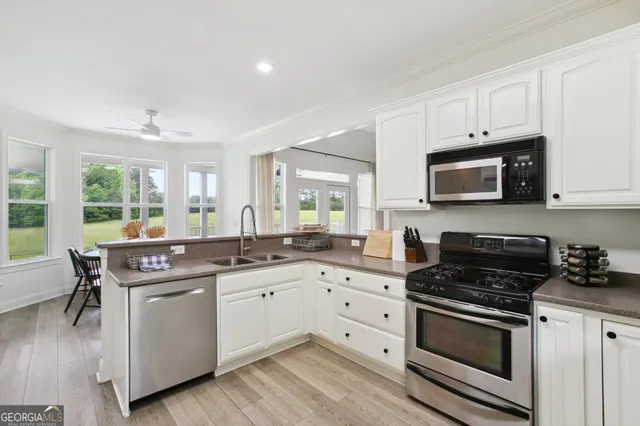 a kitchen with stainless steel appliances white cabinets and sink