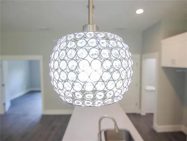 a view of a chandelier in a room