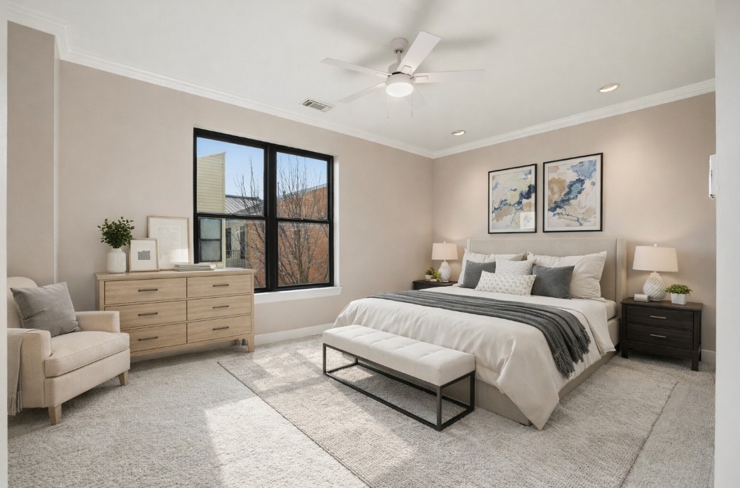 2301 Crawford Street Houston, TX 77004 - Photo 18 of 32 Virtually staged- Primary Suite: A spacious retreat with unbeatable downtown views, featuring enough room for a comfortable seating area. The suite offers both north and east exposures and includes a private balcony, perfect for enjoying the skyline in privacy.