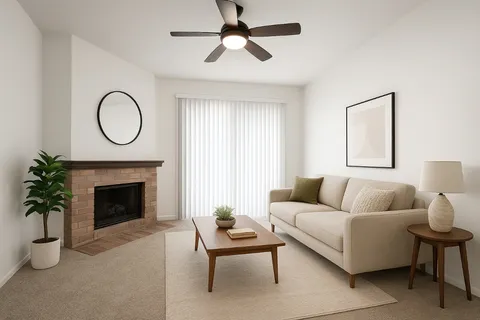 a living room with furniture a fireplace and a chandelier
