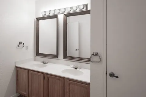 a bathroom with a sink and a mirror