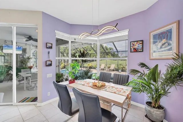 a dining room with furniture a rug and a potted plant