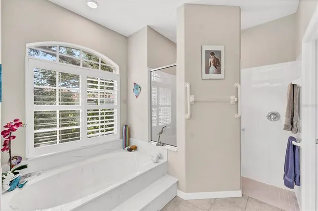 a bathroom with a bathtub and a shower