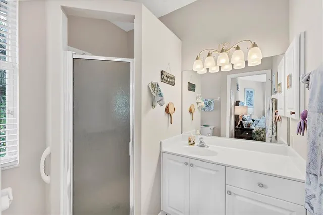 a bathroom with a sink vanity and a mirror