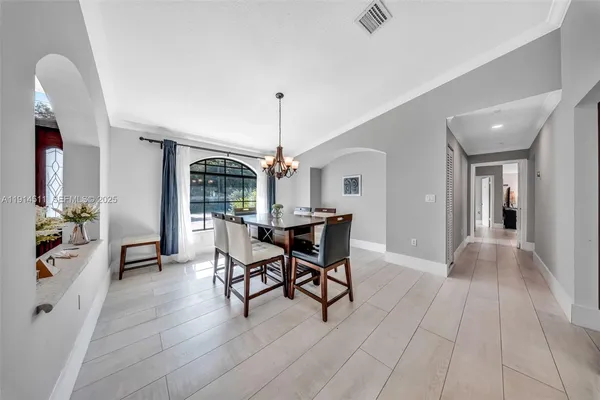 a view of a dining room with furniture window and outside view