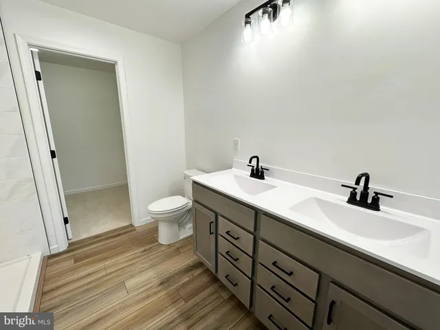 a bathroom with a double vanity sink toilet and a mirror