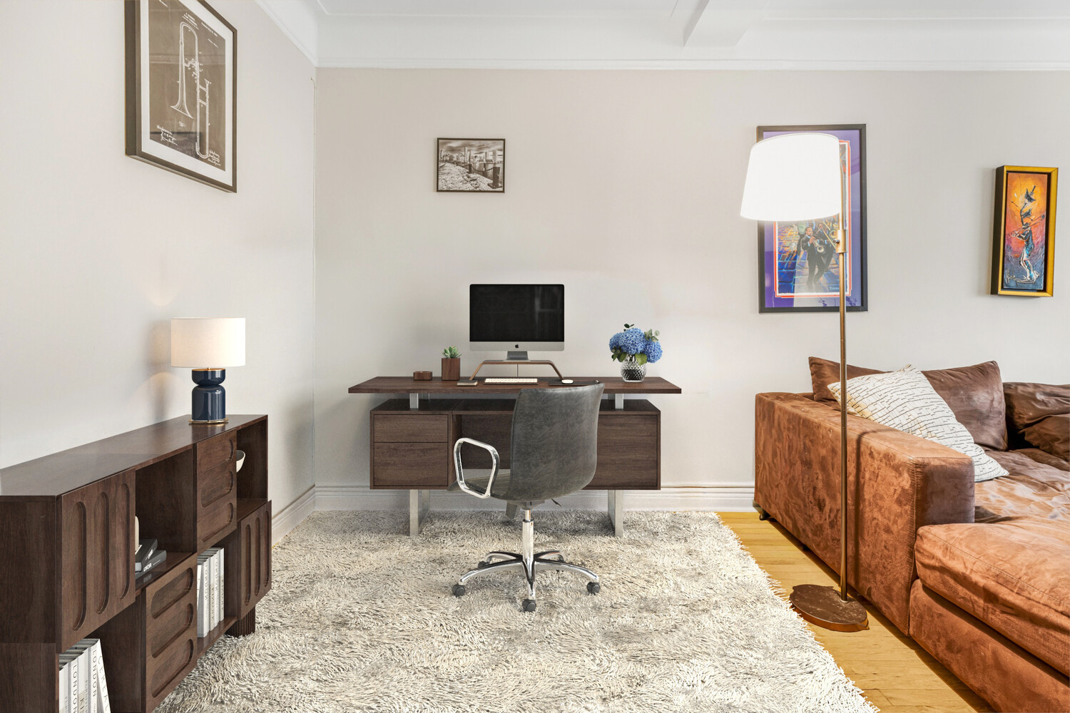 a workspace with furniture and window