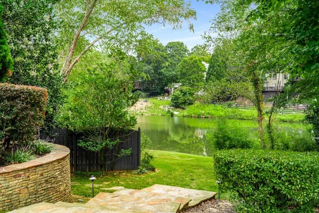 a view of a garden with a fountain