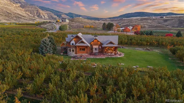 a view of a town with large trees and mountain view