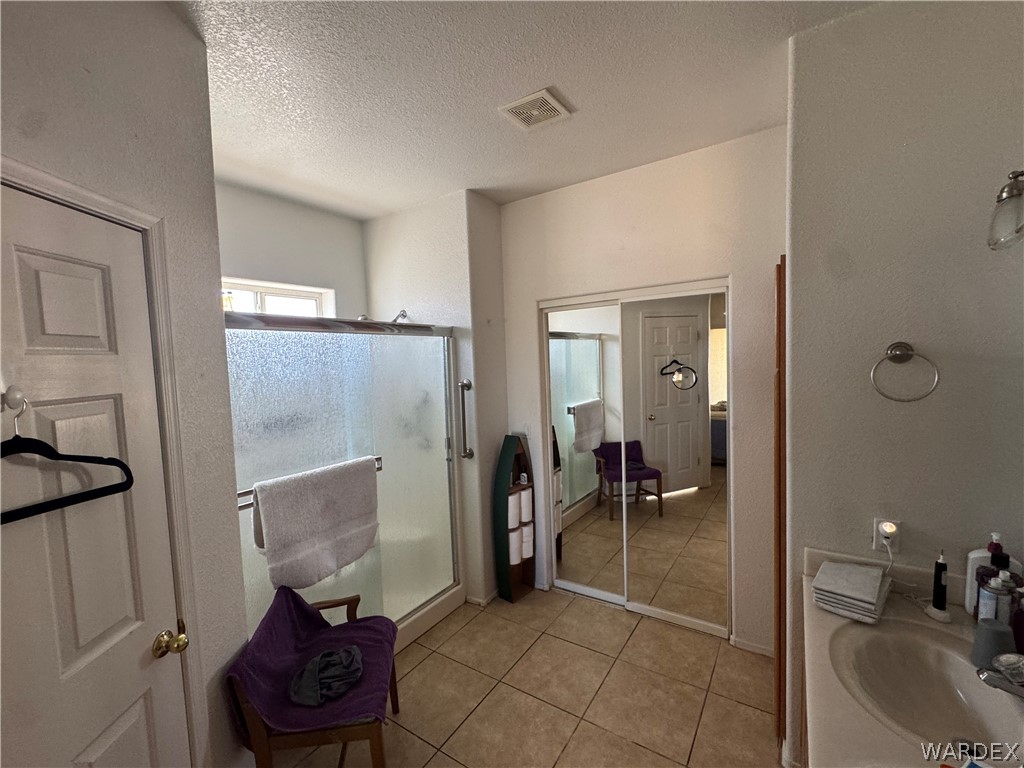 4029 Roma Road Kingman, AZ 86401 - Photo 42 of 90 Bathroom featuring a walk-in shower with a frosted glass enclosure, tiled flooring, a vanity with a sink, and a mirrored closet