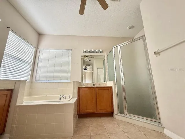a bathroom with a tub sink and mirror