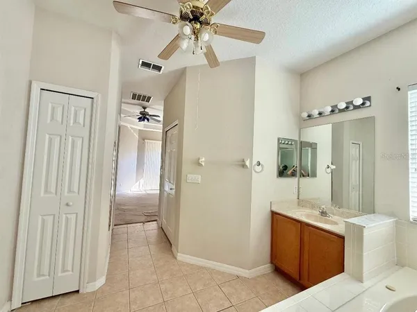 a bathroom with a tub shower vanity and a sink