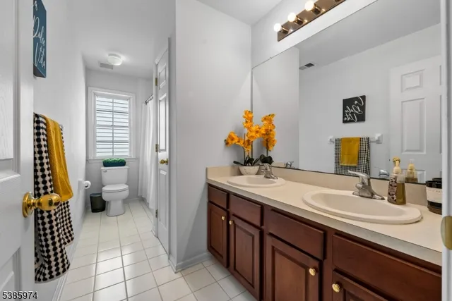 a bathroom with a sink double vanity and a toilet