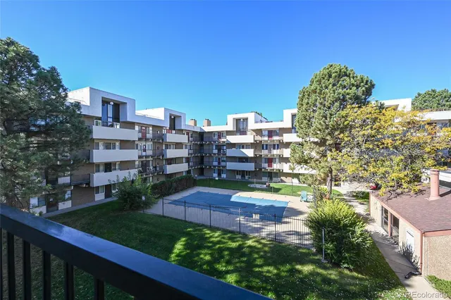 a view of a city in front of a building