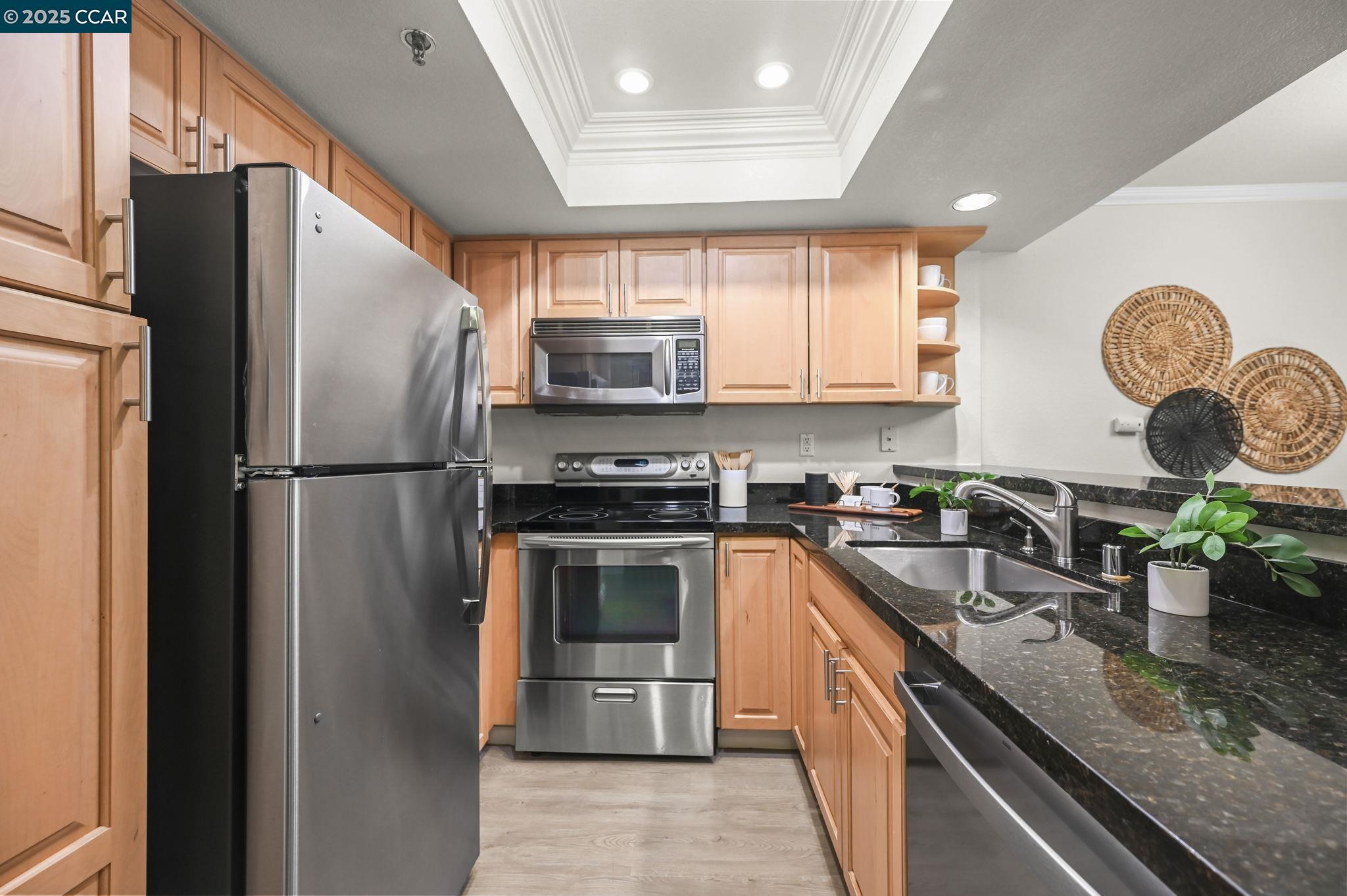 2550 Oak Road, Unit 209 Walnut Creek, CA 94597 - Photo 8 of 34 a kitchen with stainless steel appliances granite countertop a refrigerator a sink a stove and a refrigerator