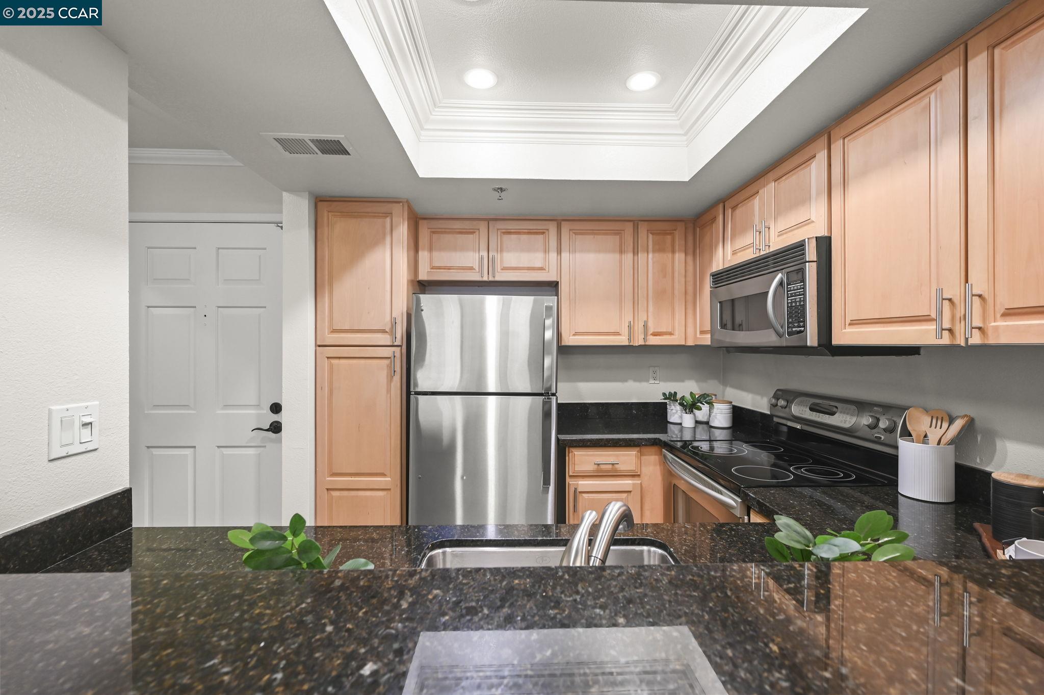 2550 Oak Road, Unit 209 Walnut Creek, CA 94597 - Photo 9 of 34 a kitchen with stainless steel appliances a refrigerator sink and cabinets